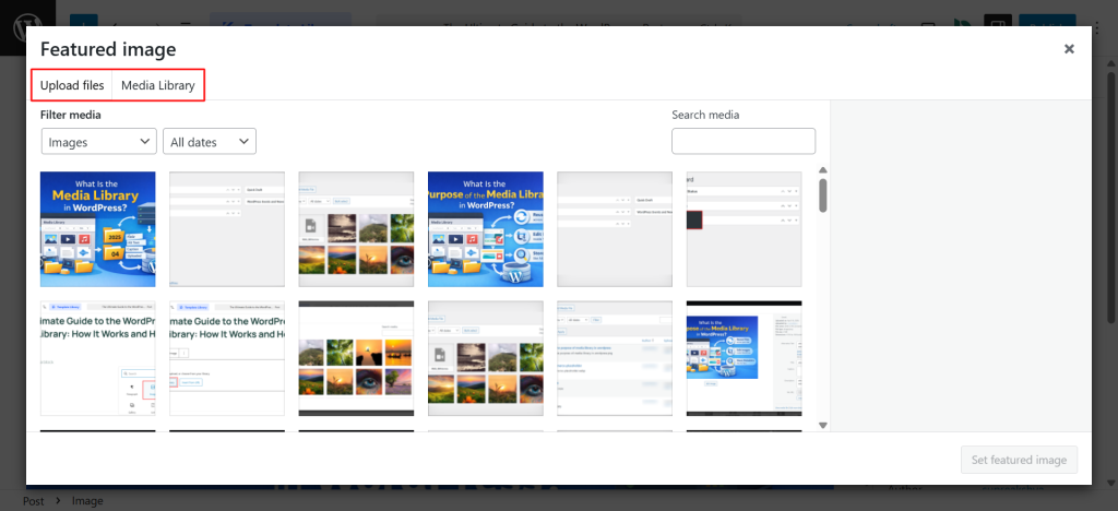 The same media library lightbox appears where you can upload or select an image.