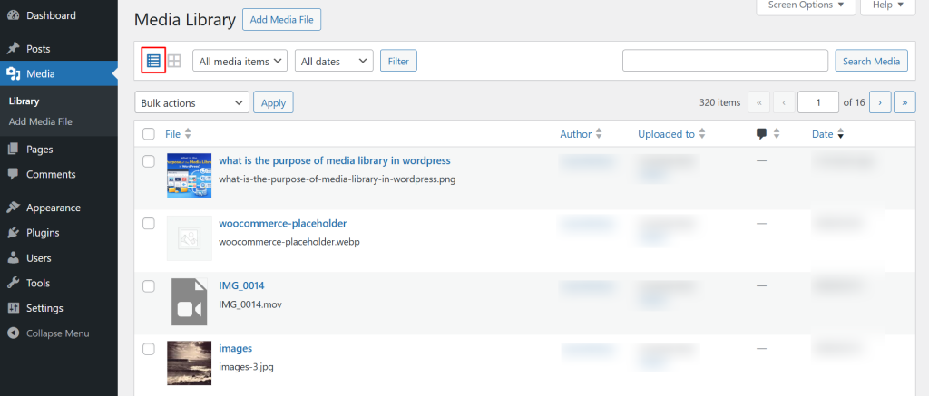 Media library interface with items listed