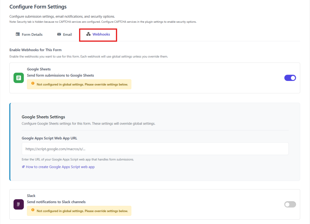 Webhooks tab