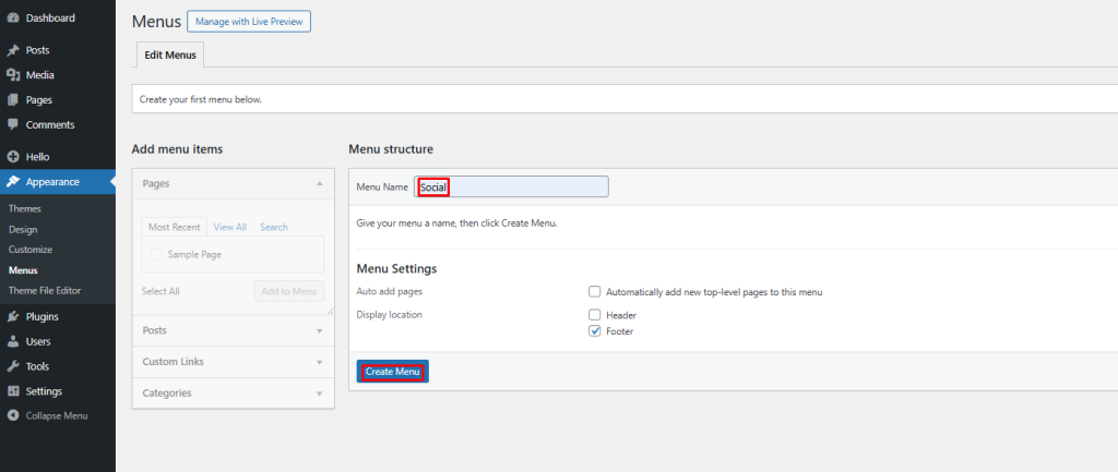 Create Menu button