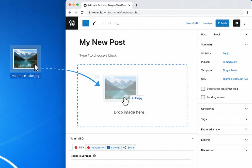 Click the image file on your desktop, drag it across into the Gutenberg editor in your browser and drop it where you want it to appear.