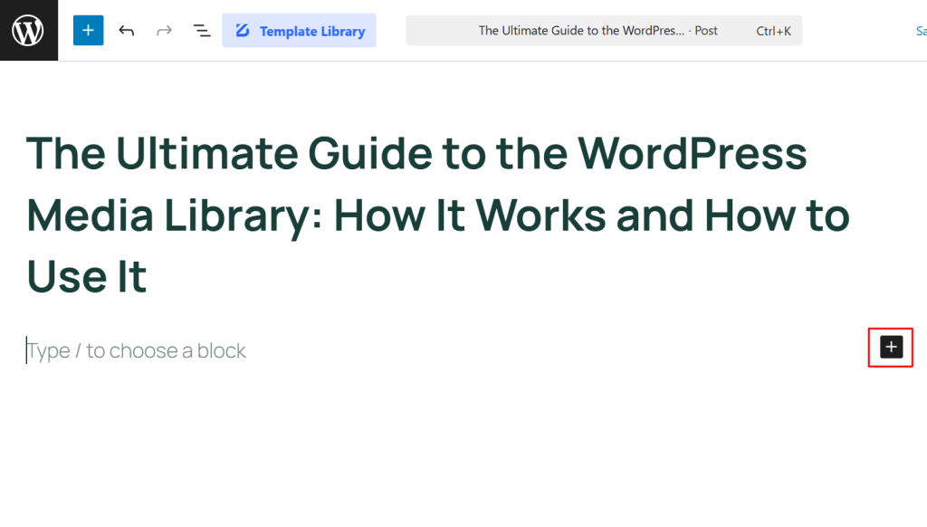 In the Gutenberg block editor, click the blue "+" icon where you want to insert an image to open the block inserter panel.