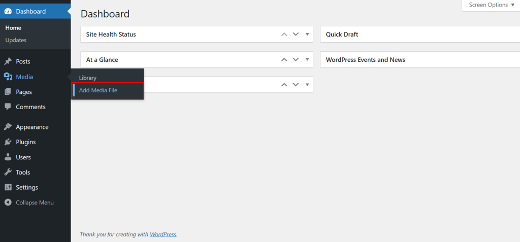 In the left sidebar, go to Media → Add New Media File.