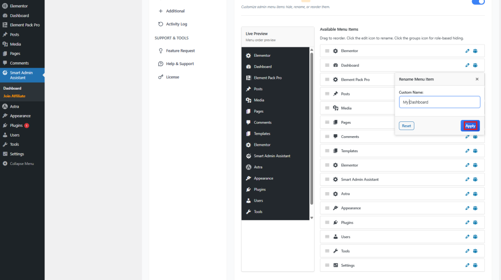 customize WordPress admin menu 