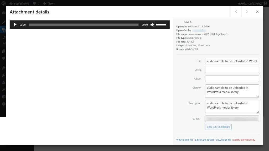 Audio upload interface in WordPress