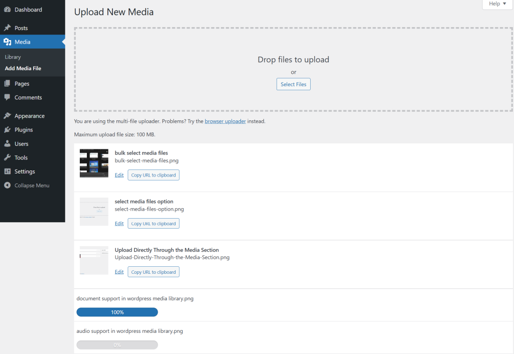 Watch the progress bar for each file. Do not close the browser tab until all uploads have finished.