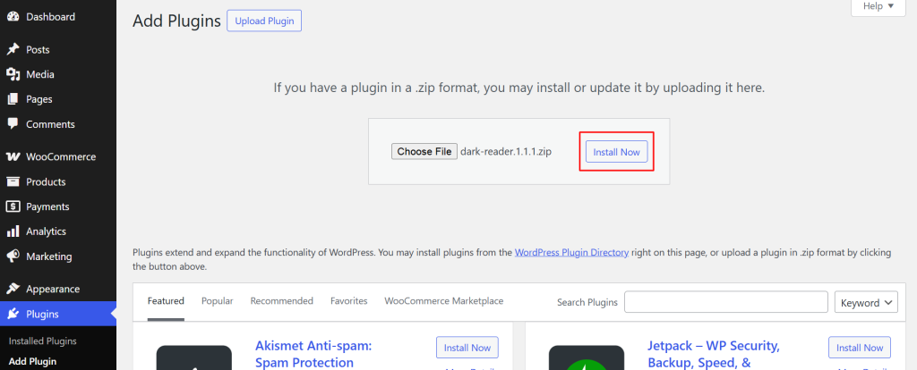 Choose the zip file from your computer, click Install Now