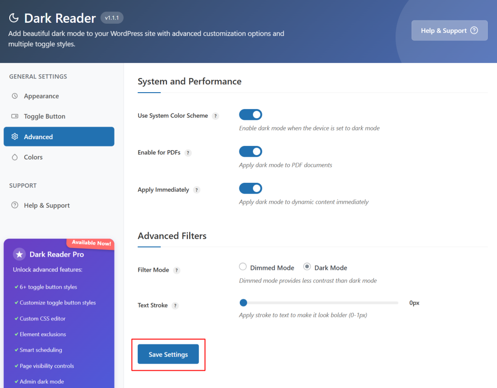 Click Save Settings once all Advanced settings are configured