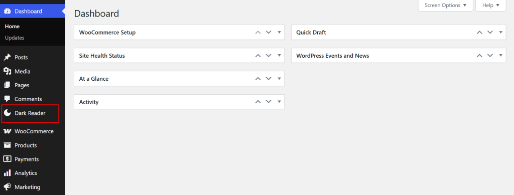 Dark Reader appears in your WordPress sidebar