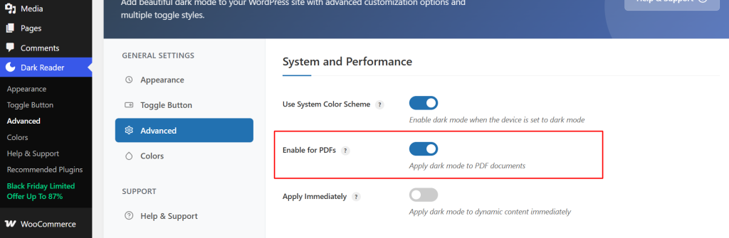 Enable Enable for PDFs to maintain dark mode consistency within those documents