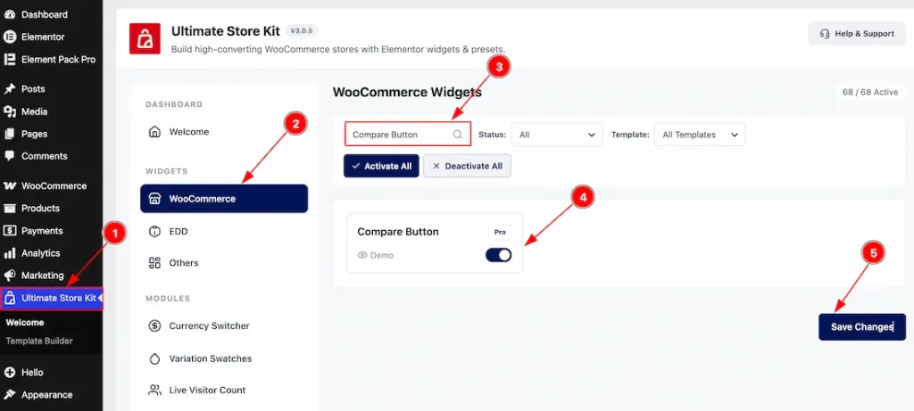 Enable the Compare Button Widget
