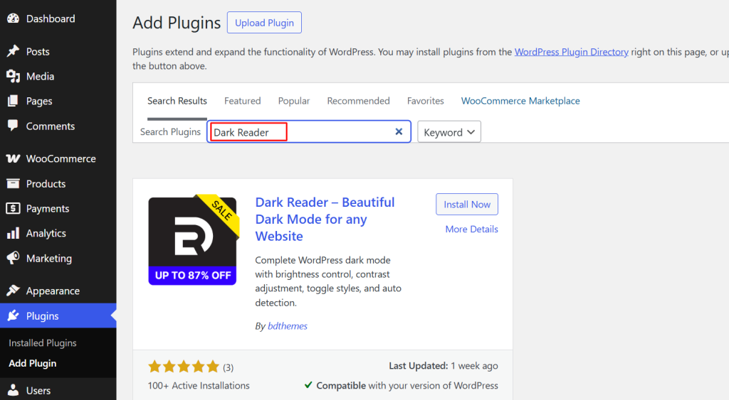 In the search bar, type Dark Reader