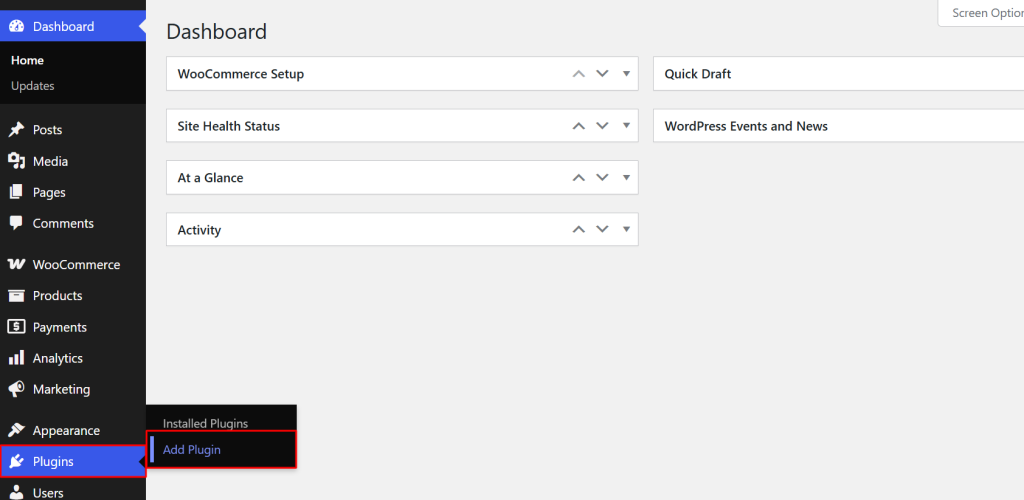 Navigate to Plugins → Add New Plugin