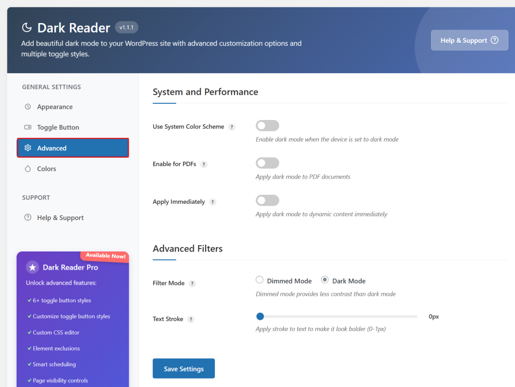 Open the Advanced tab to configure the settings