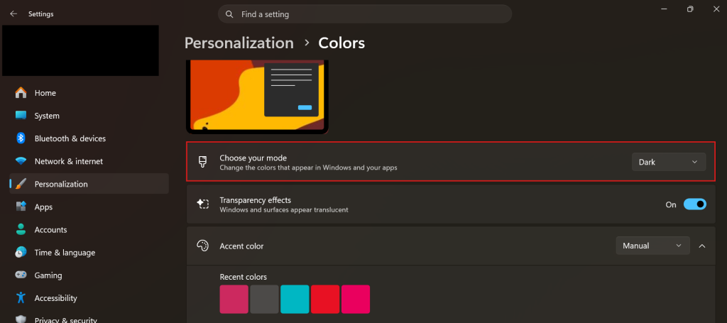 choose the mode as dark