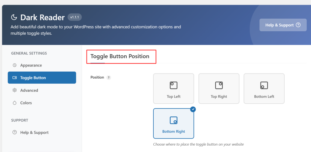 choose where the toggle appears on your site