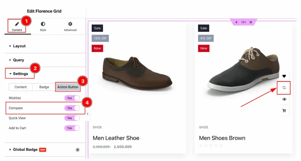 How the user compares counts on the Compare Products