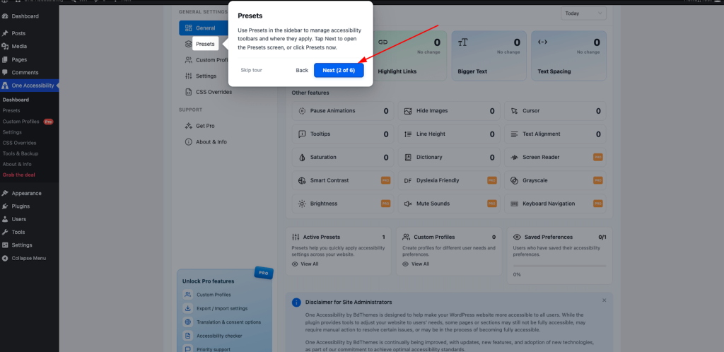 Step 3: Using the Presets option to Manage Accessibility Toolbars