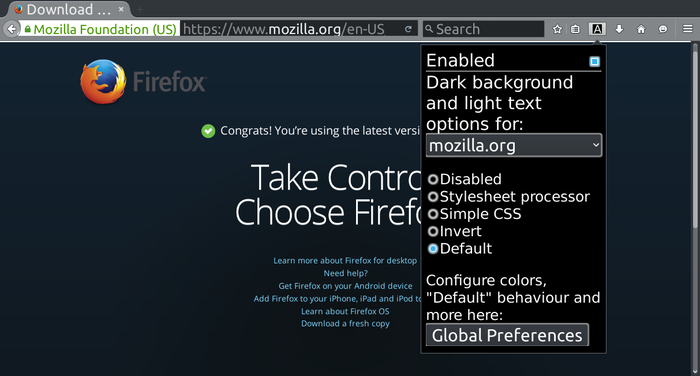 Firefox download page with options menu