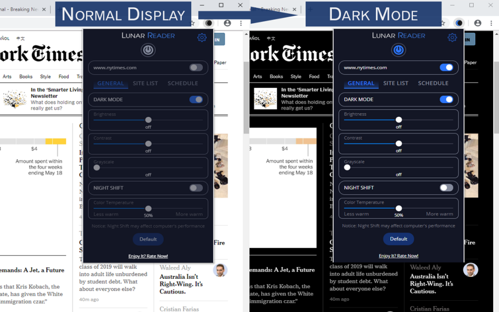 Comparison of normal and dark mode