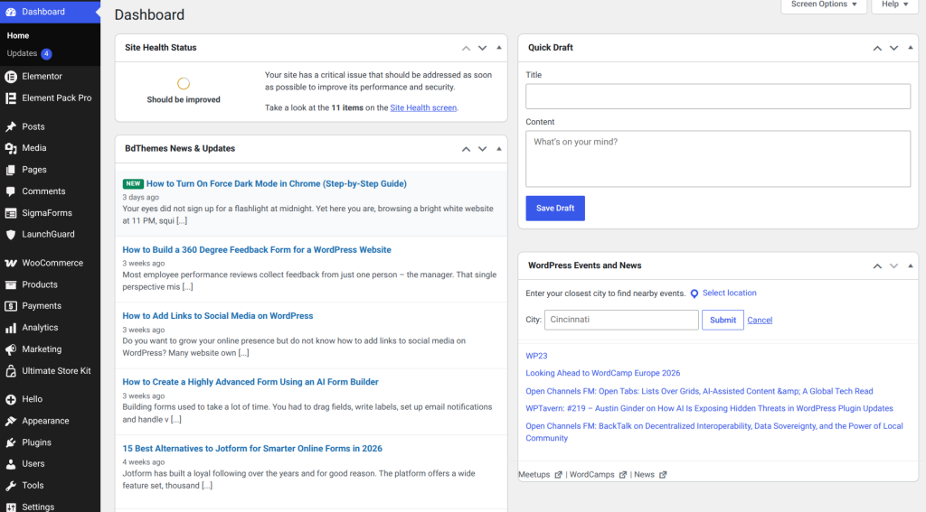 WordPress dashboard with various options