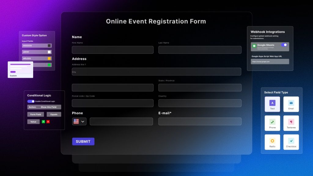 Online event registration form interface