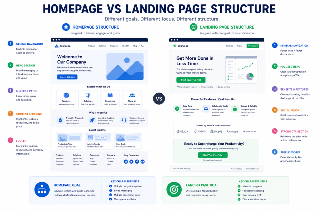 Comparison of homepage and landing page
