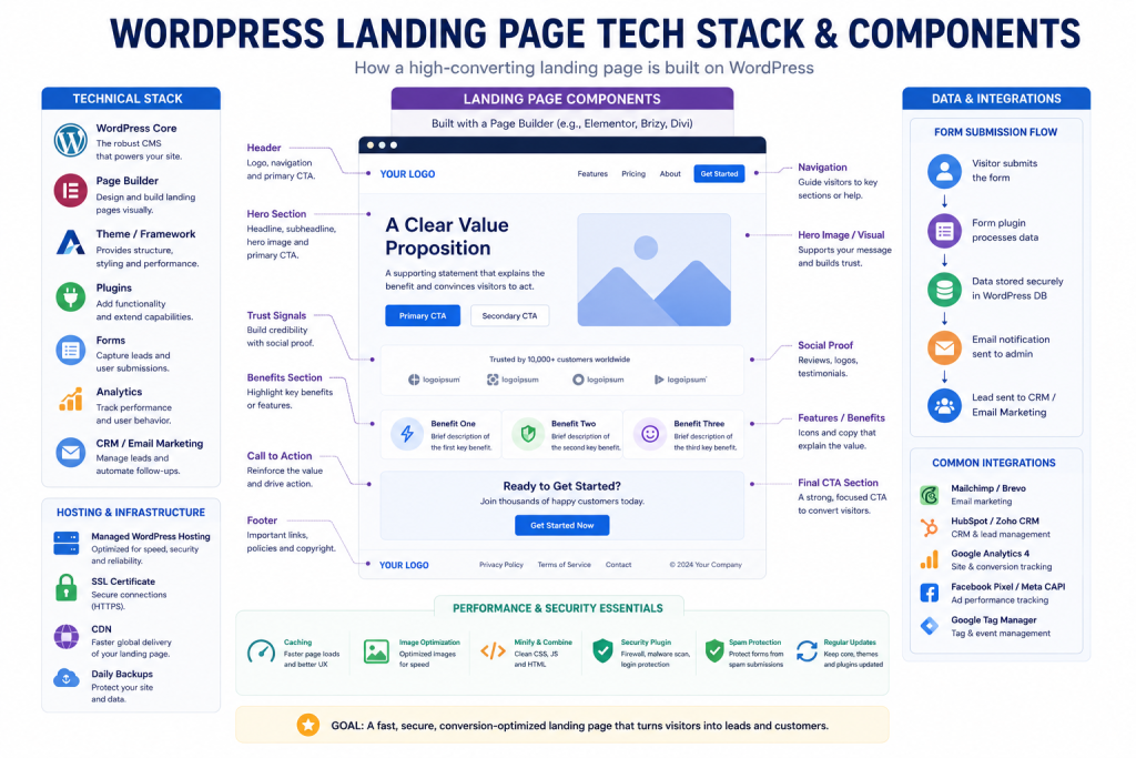 WordPress landing page tech stack overview