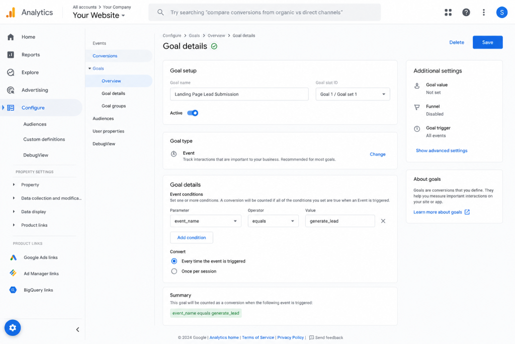 Google Analytics goal setup interface