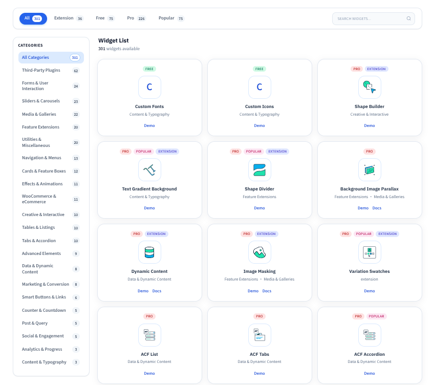 Widget list with various categories displayed