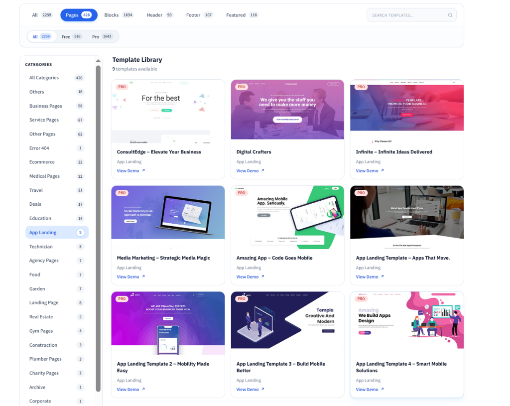 Template library with app landing pages