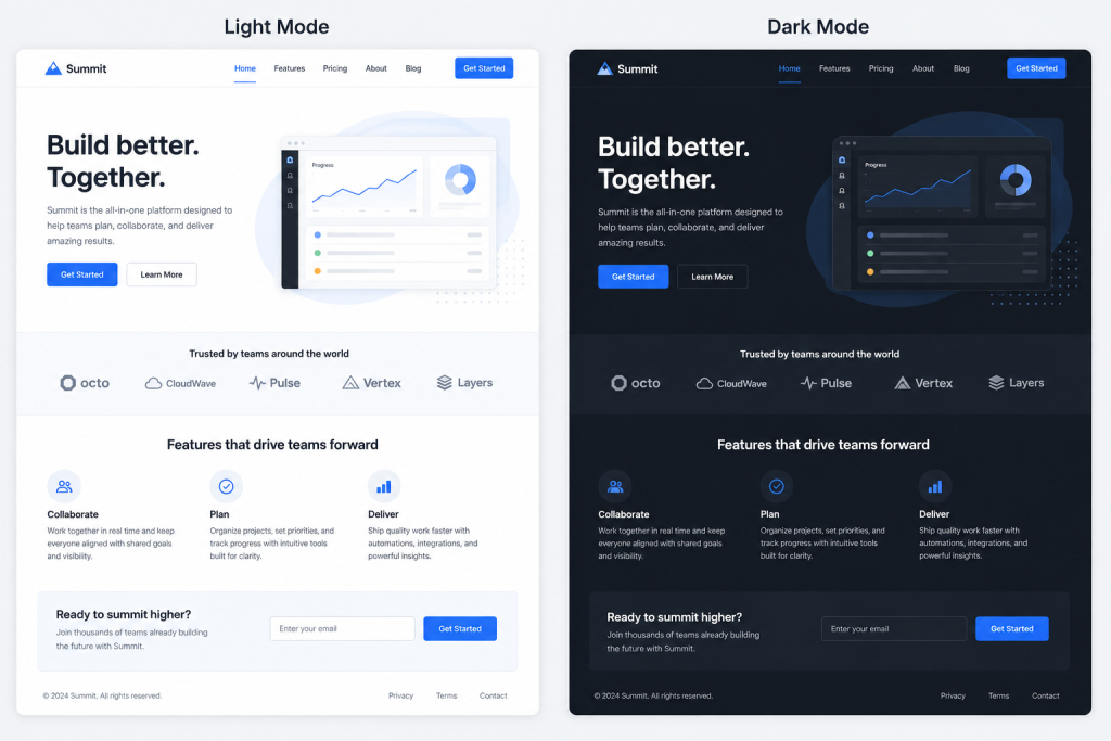 Website design comparison: light and dark