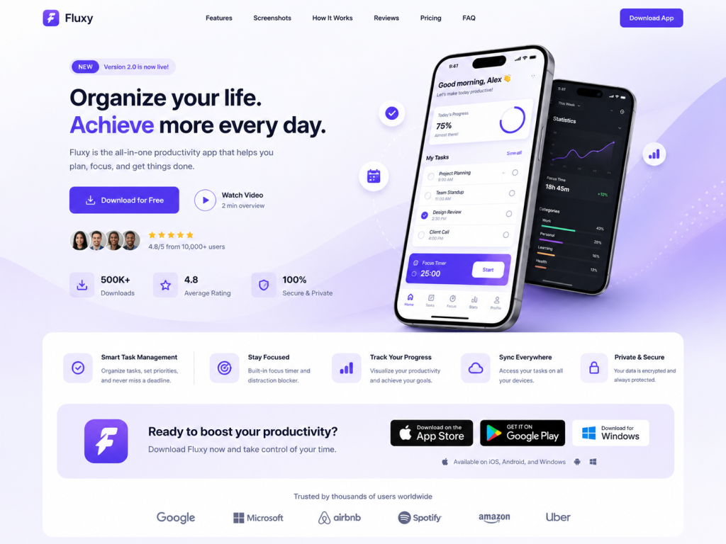 Productivity app interface and features