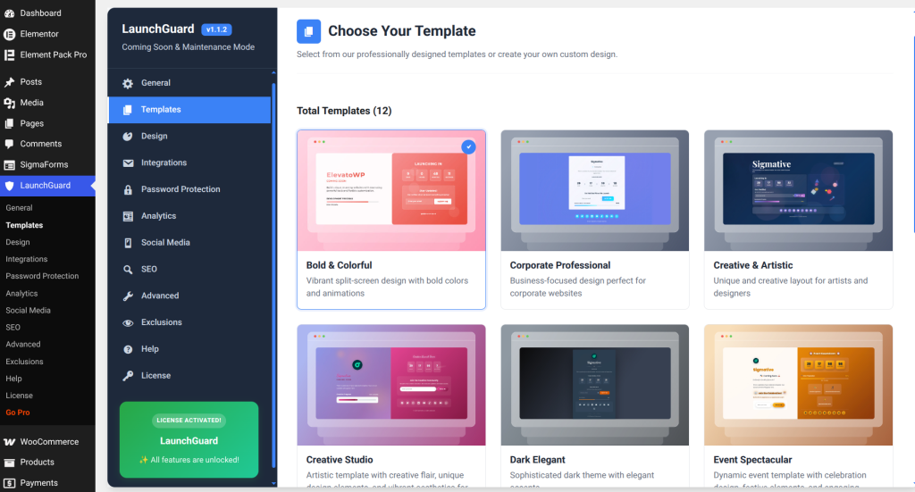 Template selection interface for websites