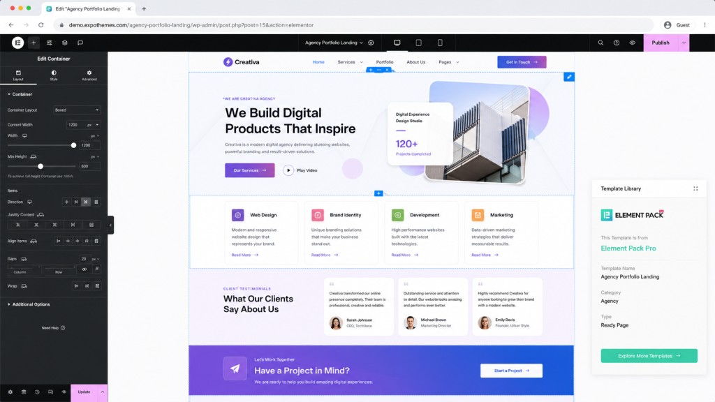 Website design interface with portfolio showcase