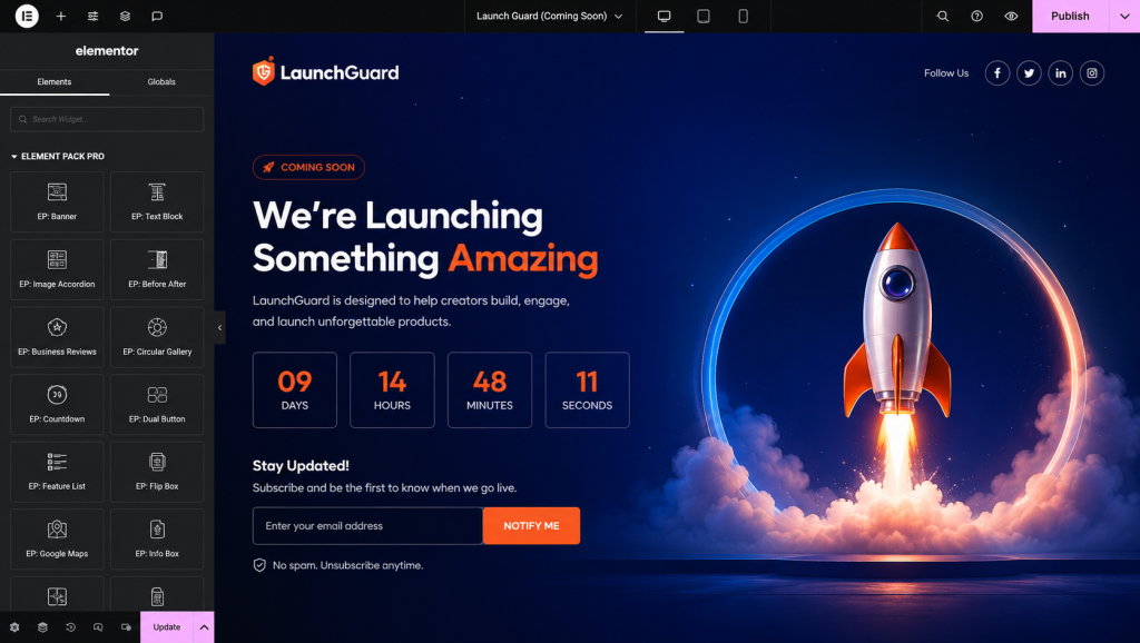 Website launch countdown with rocket theme