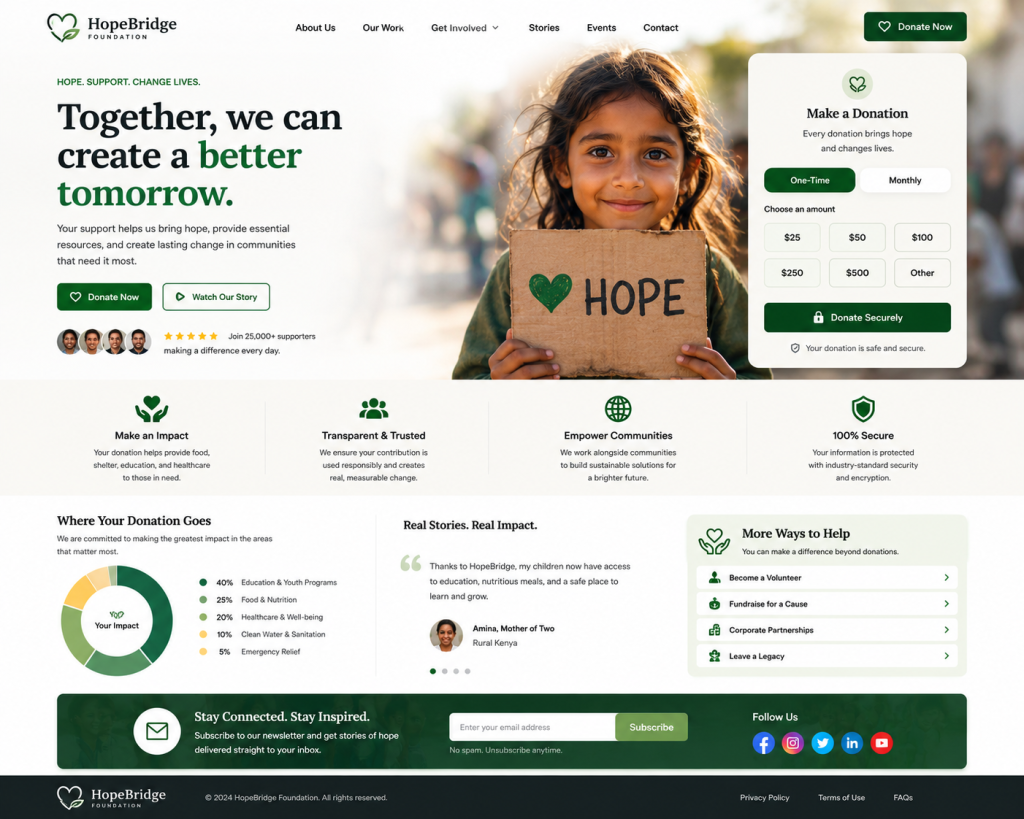 Charity website promoting donations and hope.