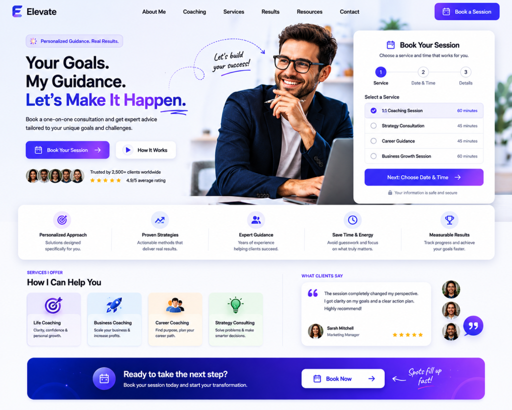 Coaching website with personalized services.
