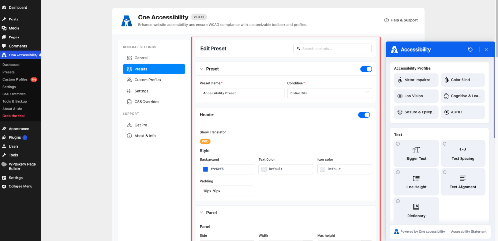 The Edit Preset screen lets you configure the appearance and functionality of the accessibility widget in depth. 