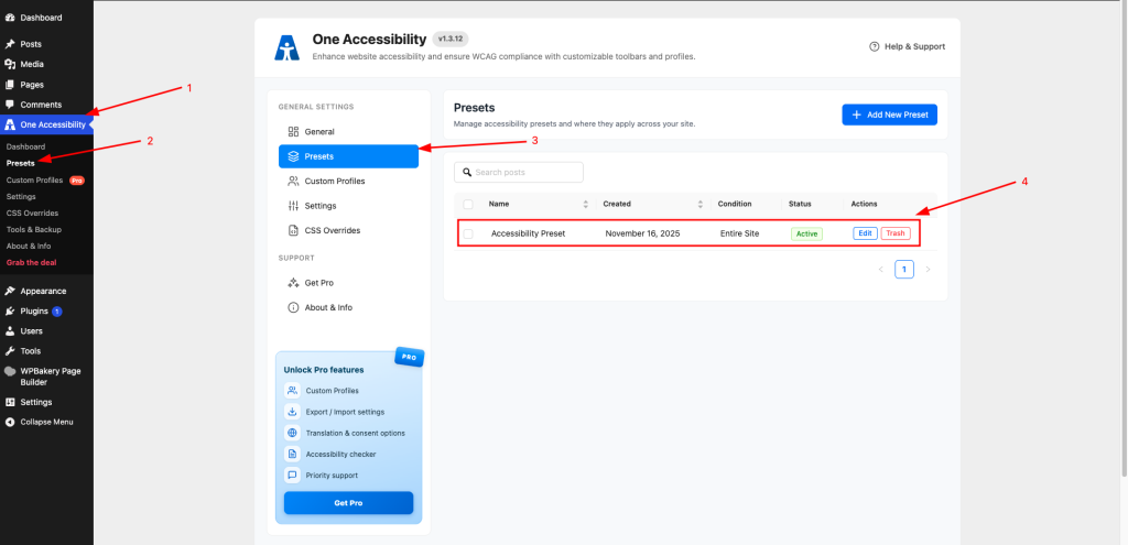 To configure the accessibility toolbar, navigate to One Accessibility > Presets.