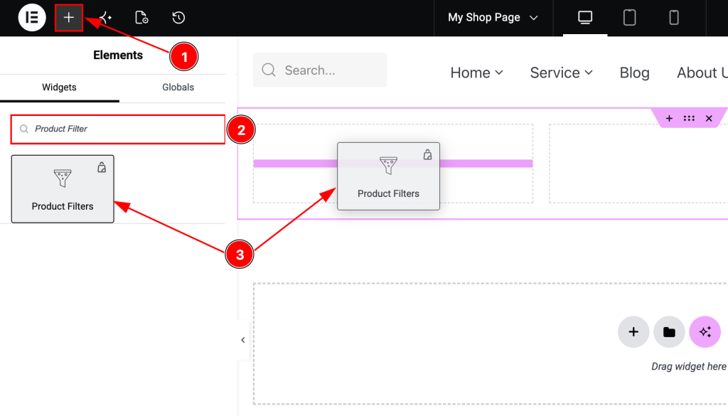 Inserting the widget into the Shop Page Template