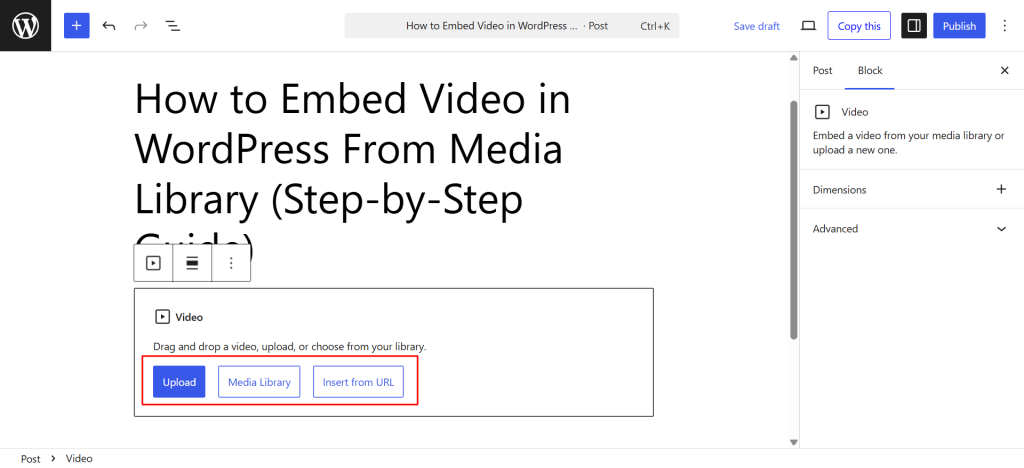 options to upload video