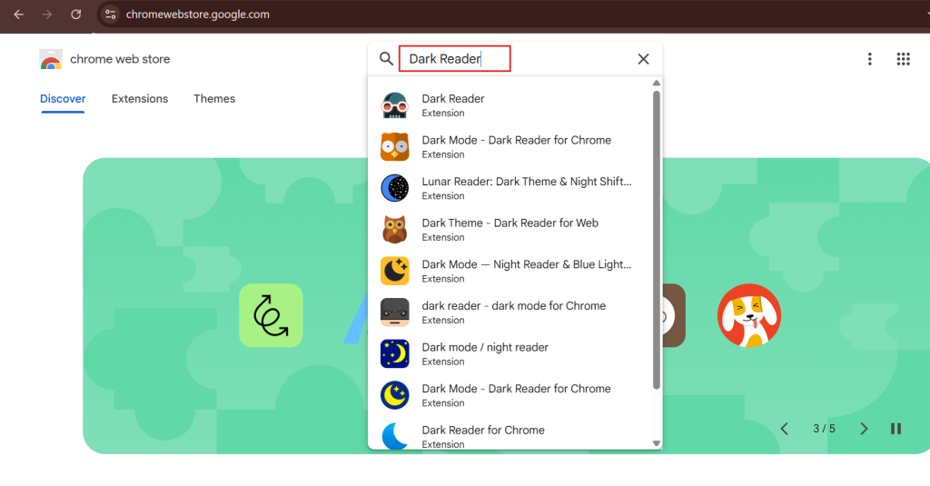 search dark reader extension