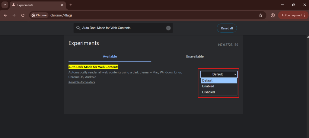 select the enabled option to enable dark mode on chrome browser