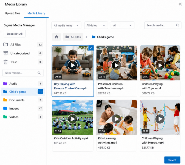 selecting video from sigma media manager