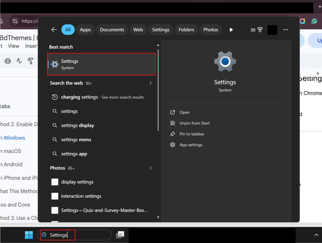 settings in windows