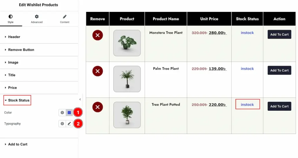 Stock Status Section