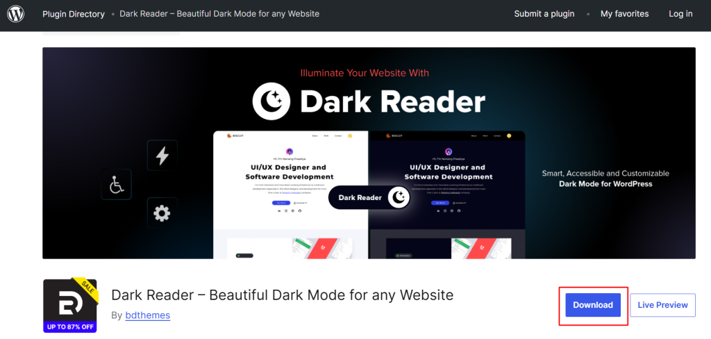 you can download the plugin zip file directly from the BdThemes Dark Reader plugin page